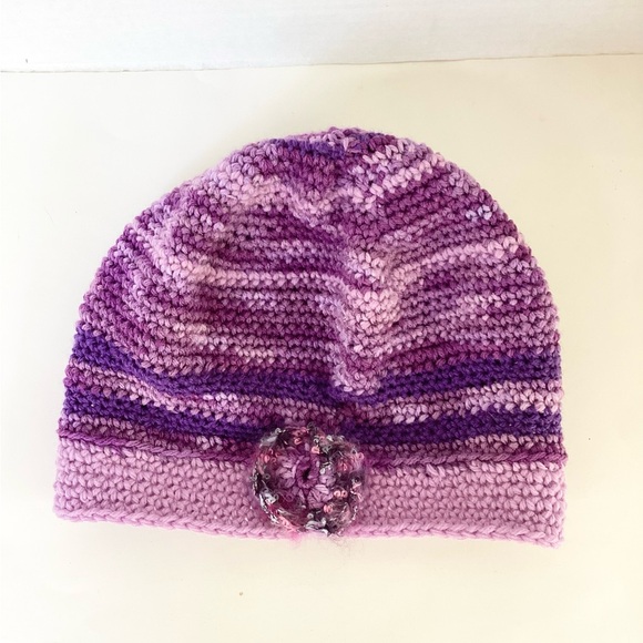 Hat Hand Crafted Purple BeanieStriped Varigated Floral Crochet - Picture 8 of 16